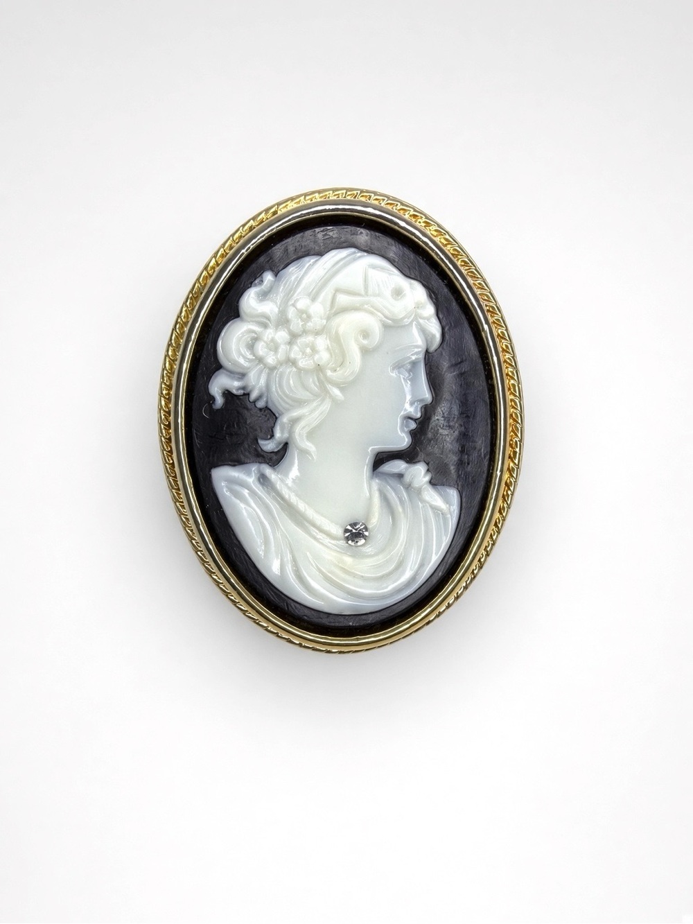 Vintage Avon Black White Cameo Brooch Pendant Gold Tone Rhinestone Signed ©AVON